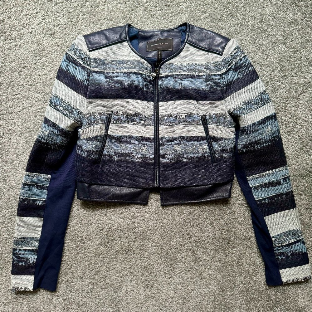 BCBG MaxAzria Blue Patterned Blazer Jacket with Leather Accents